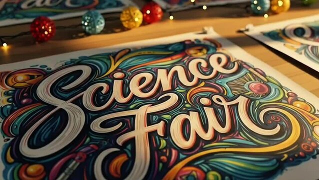 Science Fair Display: A detailed overhead shot of a science fair announcement with colorful lettering, surrounded by small, glowing lights.