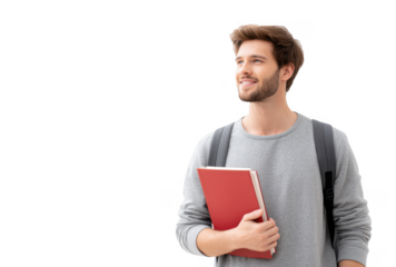 Young man smiling while holding a red book. dressed casually with a backpack. standing against a plain white background. suggesting a moment of inspiration or contemplation in a study environment