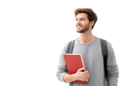 Young man smiling while holding a red book. dressed casually with a backpack. standing against a plain white background. suggesting a moment of inspiration or contemplation in a study environment