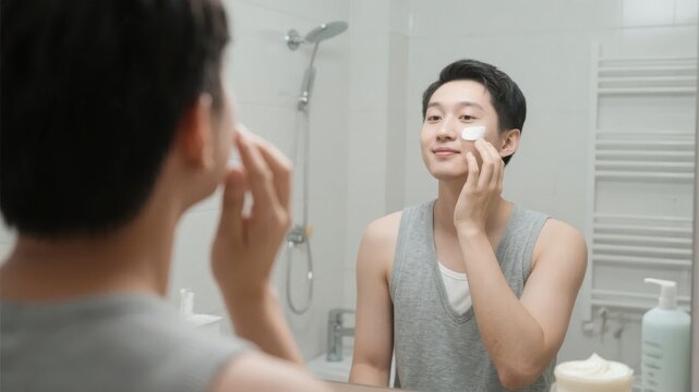 Man applying skincare product in front of bathroom mirror - Powered by Adobe