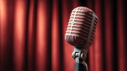 Vintage dynamic microphone glowing under red velvet curtain folds, bold wallpaper design for stand-up comedy open mic night