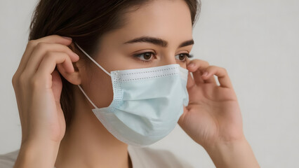 A young woman is putting on a medical face mask, preparing for safety.