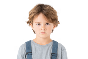 A young boy with a serious expression wearing a gray shirt and blue suspenders. standing against a plain white background. conveying emotions of determination or contemplation