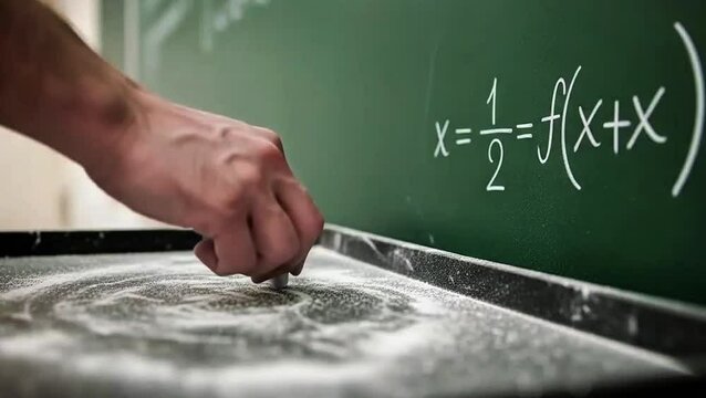 Math Equation on Blackboard: A close-up captures a hand writing a complex math equation with chalk on a classic green blackboard, showcasing the beauty and intricacy of mathematical notation.