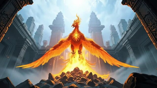 Phoenix's Ancient Ascent: A radiant phoenix rises from flames, its fiery wings outstretched, against the backdrop of an ancient temple, embodying rebirth and eternal spirit.