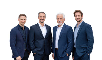 A group of four well-dressed men standing confidently against a minimalist white background. showcasing professional attire and camaraderie. ideal for corporate or business-themed projects