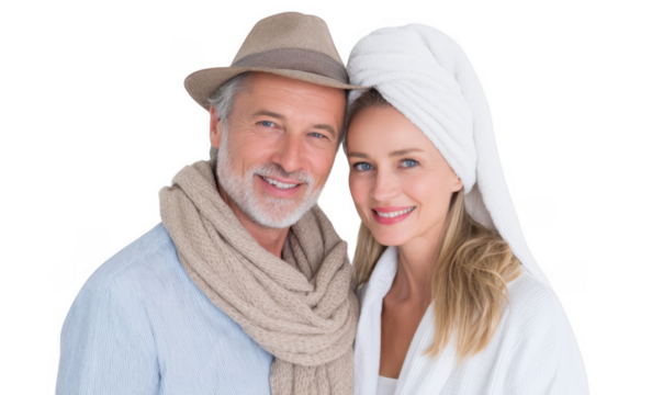 A joyful couple in casual attire. smiling warmly at the camera. showcasing their relaxed morning routine with towels and light clothing in a bright. neutral setting