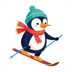 Cartoon penguin skiing in winter with a hat and scarf isolated on white background