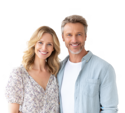 A joyful couple stands close together. smiling warmly at the camera. set against a soft. neutral background. capturing a moment of happiness and connection. ideal for relationship-focused content