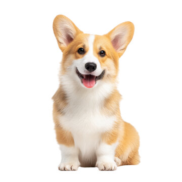 A cheerful corgi sits gracefully against a clean white background. showcasing its fluffy coat and playful demeanor. perfect for pet-related content or advertising