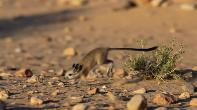 Agile Jerboa Leaps Across Arid Desert Landscape: Wildlife in Motion