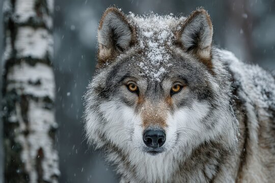 Majestic Gray Wolf Close-Up in Snowy Forest - Winter Wildlife Portrait