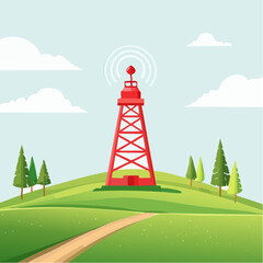 Red Communication Tower on a Hilltop Landscape