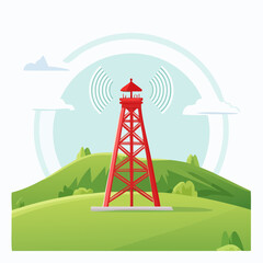 Red Communication Tower on a Green Hilltop Wireless Signal Transmission Illustration