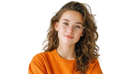 A young woman with curly hair and glasses smiles warmly while wearing an orange t-shirt against a plain white background. conveying a sense of happiness and approachability