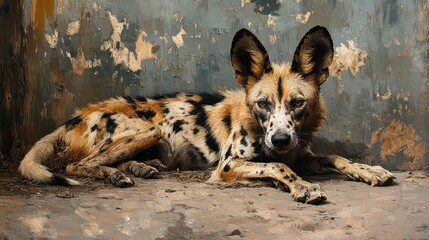 Distinguished African Wild Dog Resting Against a Textured Neutral Background