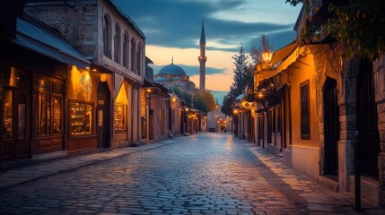 Obraz premium Cobblestone street at dawn, shops, mosque