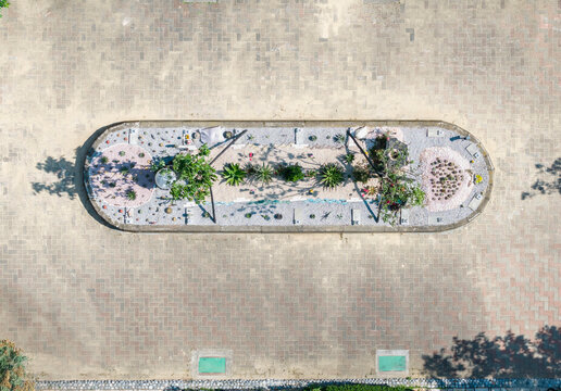 Aerial view of oval home garden bed in paved area