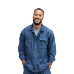 Fototapeta premium A smiling man wearing a blue jumpsuit stands confidently against a plain white background. showcasing a friendly demeanor. ideal for use in professional or casual contexts