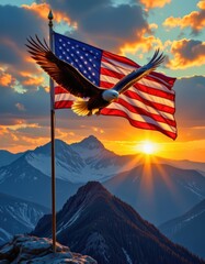 Obraz premium an eagle flying above a waving american flag on a mountaintop at sunrise
