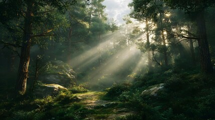Obraz premium Sunlight filters through the trees in a lush forest, casting ethereal rays on the path below, beckoning one to explore the natural world.