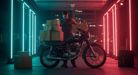 Neon-lit alleyway, a lone figure stands beside his motorcycle, carefully arranging packages for delivery.