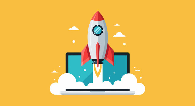 Cartoon Rocket Launching from Laptop Screen with Clouds and Flame Trail.