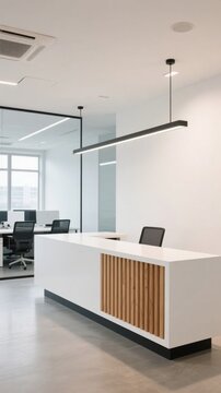 Modern office reception area with sleek white desk and wooden paneling
