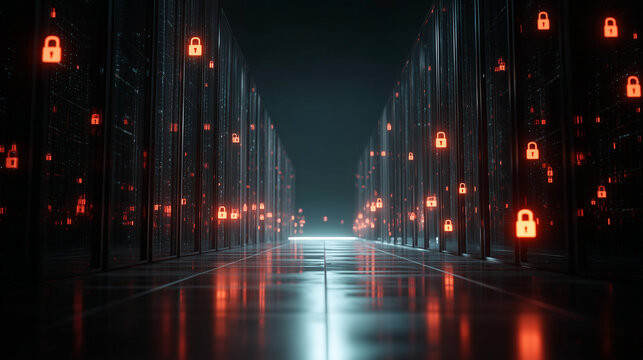 Cybersecurity Threat Alert: A data center hallway filled with glowing red locks, representing a network security breach or widespread cyber attack.