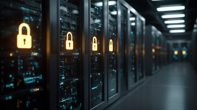 Cybersecurity and Data Protection: A secure data center with glowing digital padlock icons on the server racks, symbolizing network security.