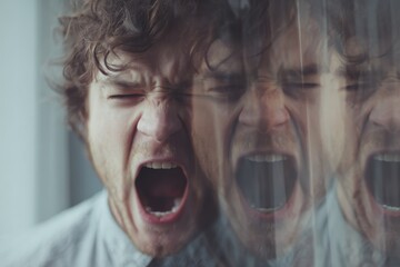 A man is screaming in a mirror, chaotic and unsettling