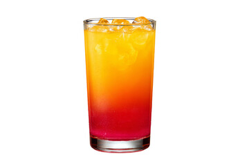 A glass of orange and pink drink with ice cubes