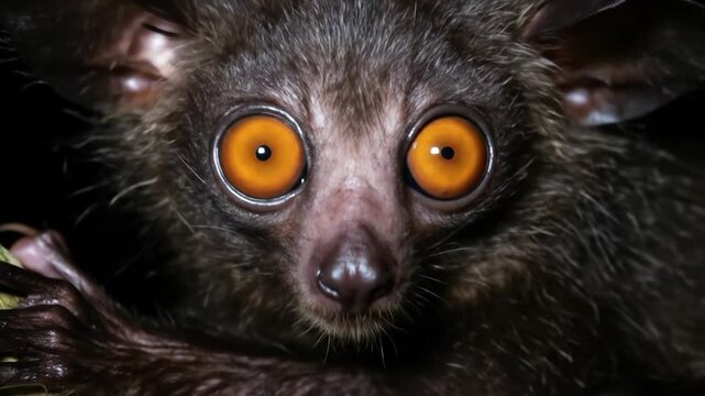 Aye-aye Lemur Stares Intensely from Branch: Nocturnal Primate with Striking Eyes in Dark Forest
