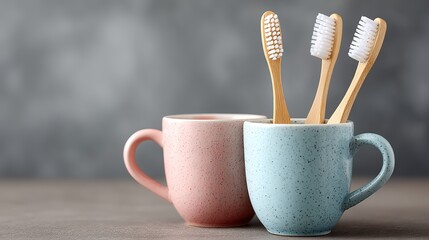 Two toothbrushes and a cup on a bathroom sink. Essential tools for daily oral hygiene and dental care.