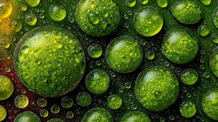 Various sizes of green water drops with transparency and reflection. Fresh and natural liquid elements in different dimensions.