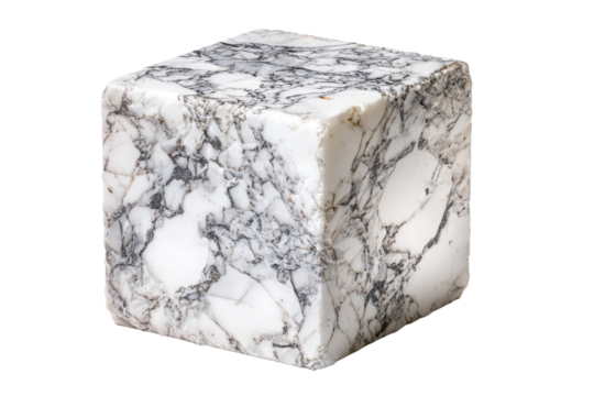A white and gray marble cube sits on a white background