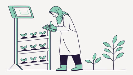 Scientist in hijab monitors plants in a modern vertical farm, focusing on sustainable agriculture and technology.