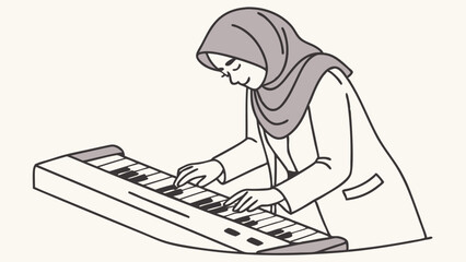 Young Woman in Hijab Playing Electronic Keyboard - Music and Hobby Illustration