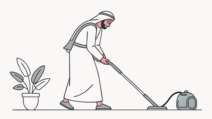 Middle Eastern man in traditional dress vacuuming. Daily chores and home cleaning concept illustration.