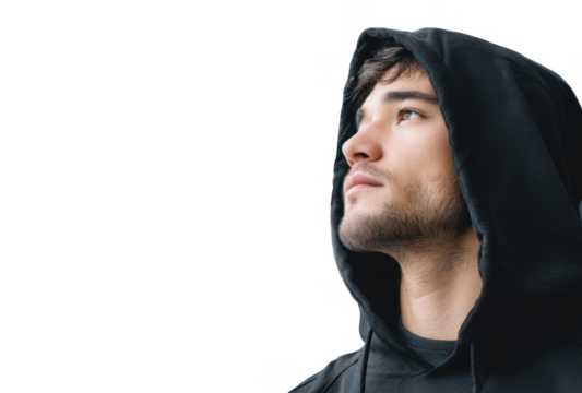 A young man in a black hoodie stands in profile against a white background. exuding confidence and contemplation. ideal for lifestyle or fashion-related content