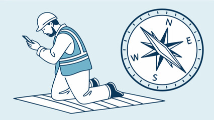 Worker in safety gear praying, using smartphone and compass for direction and spiritual guidance