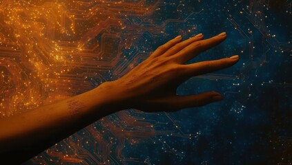 Woman's hand reaching digital interface, cosmic background, futuristic tech concept