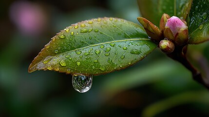 Water drop on camellia leaf. A delicate natural scene of freshness and vitality.
