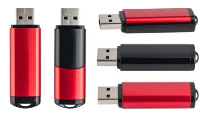 red and black usb flash drive with cap isolated on transparent background png.