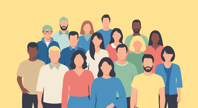 Diverse group of faceless people in casual attire standing together in a crowd.