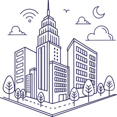 Obraz premium Minimalist Outline of Buildings with Night Sky Elements