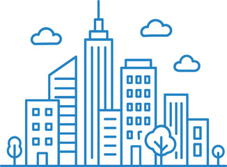 Blue Line Art City Skyline Illustration – Modern Urban Buildings with Cloud and Tree Elements