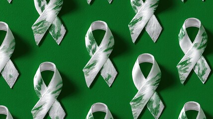 White ribbons elegantly placed on a vibrant green background. A symbolic representation of peace, hope, and awareness.