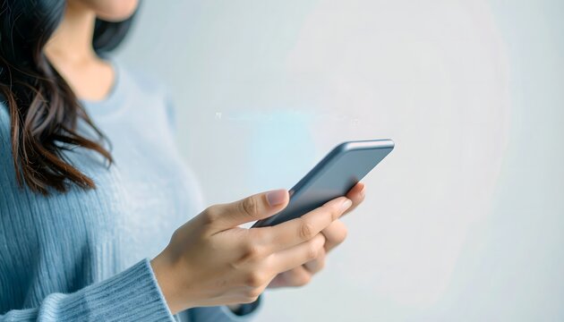 Woman Holding Gray Smartphone Using Mobile App in Bright Studio
