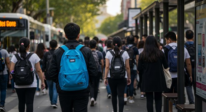 Students with backpacks walk down a city street, heading towards a bus stop on a cloudy day.